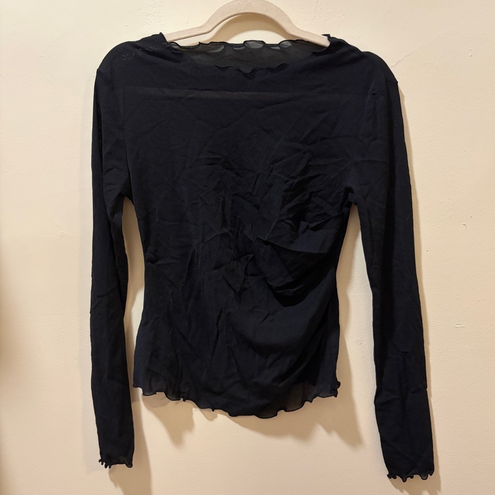 mongdol black lettuce hem nylon mesh long sleeve top
